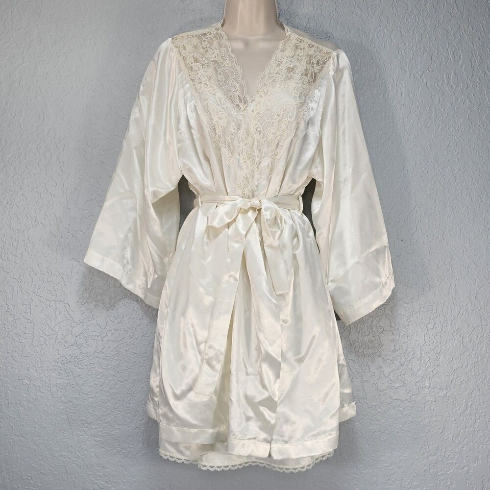 Vintage Val Mode Satin Lace Ivory Peignoir Nightgown Lingerie Robe 2pc Set Sz M